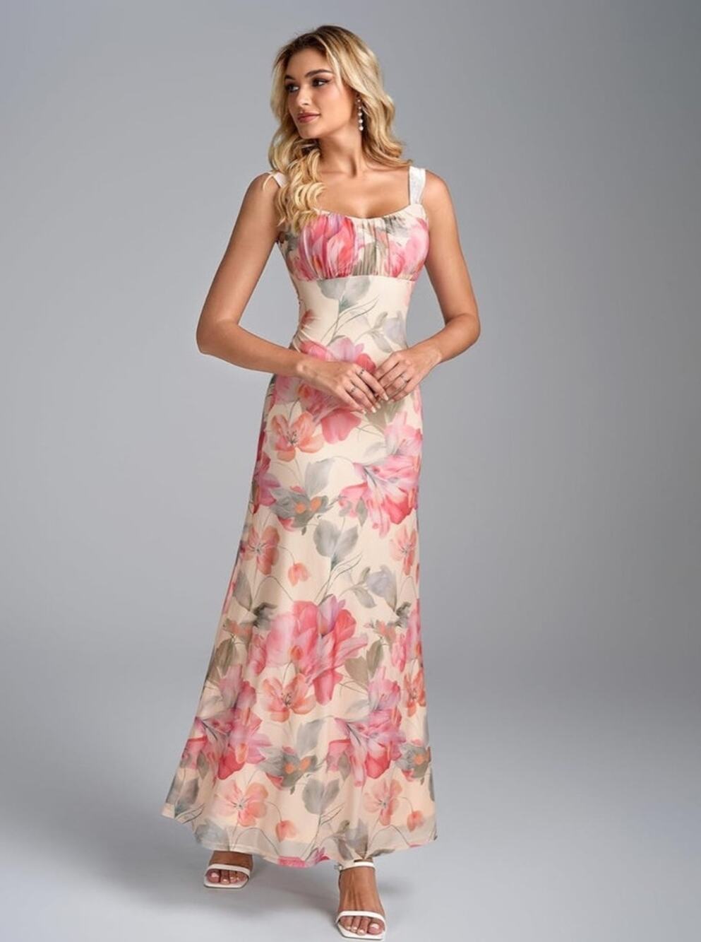 Floral Maxi Dress Women's M Backless Square Neck Smocked Wedding Guest